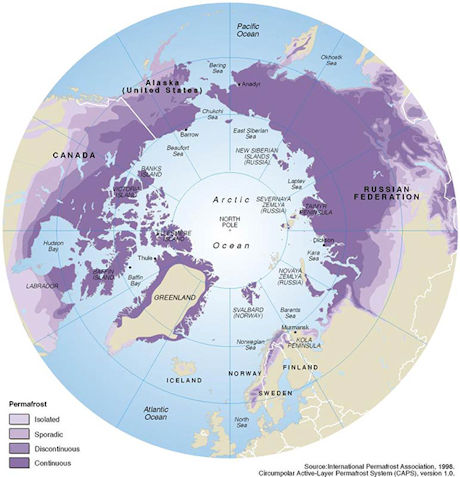Map showing the permafrost areas in the arctic